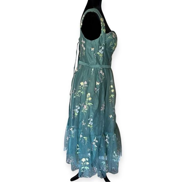 Corset Floral Embroidered Green Ruched Layered Tulle Flower  Midi Prom Dress - Picture 7 of 13